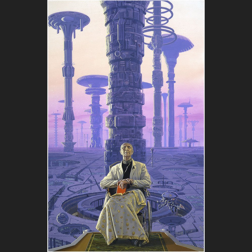 Illustration of Hari Seldon in a futuristic city